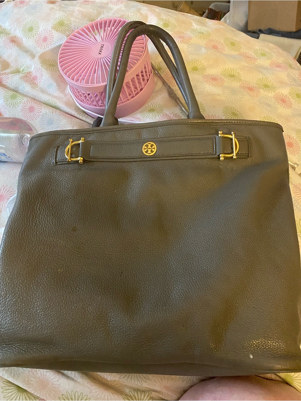 Tory Burch Olive Greenish grey Pebbled Leather Tote with Gold Hardware